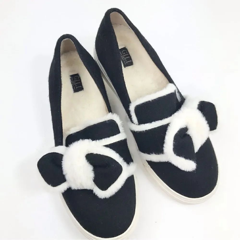 G.I.L.I. Maritza Black Textile Cream Faux Fur Bow Toe Slip On Loafers
